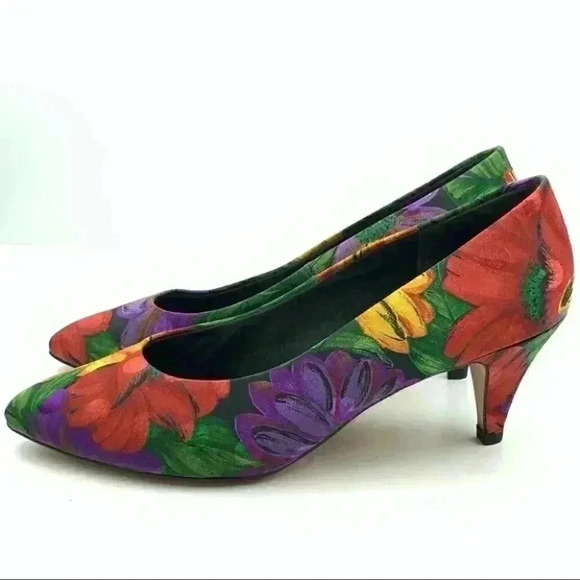 Joyce heels size 8 W silk floral 80s vintage - Picture 4 of 12